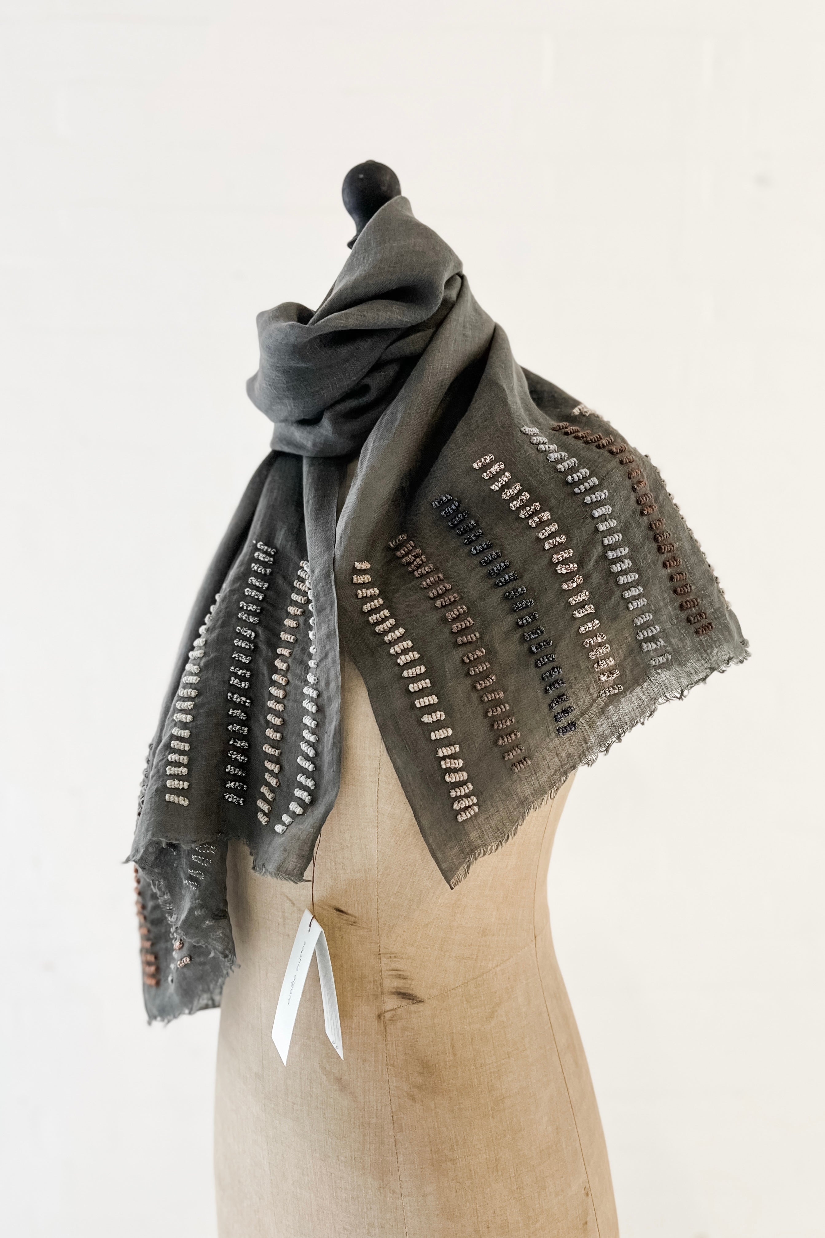 Sophie Digard | Embroidered Linen Stole | Knotted Lines