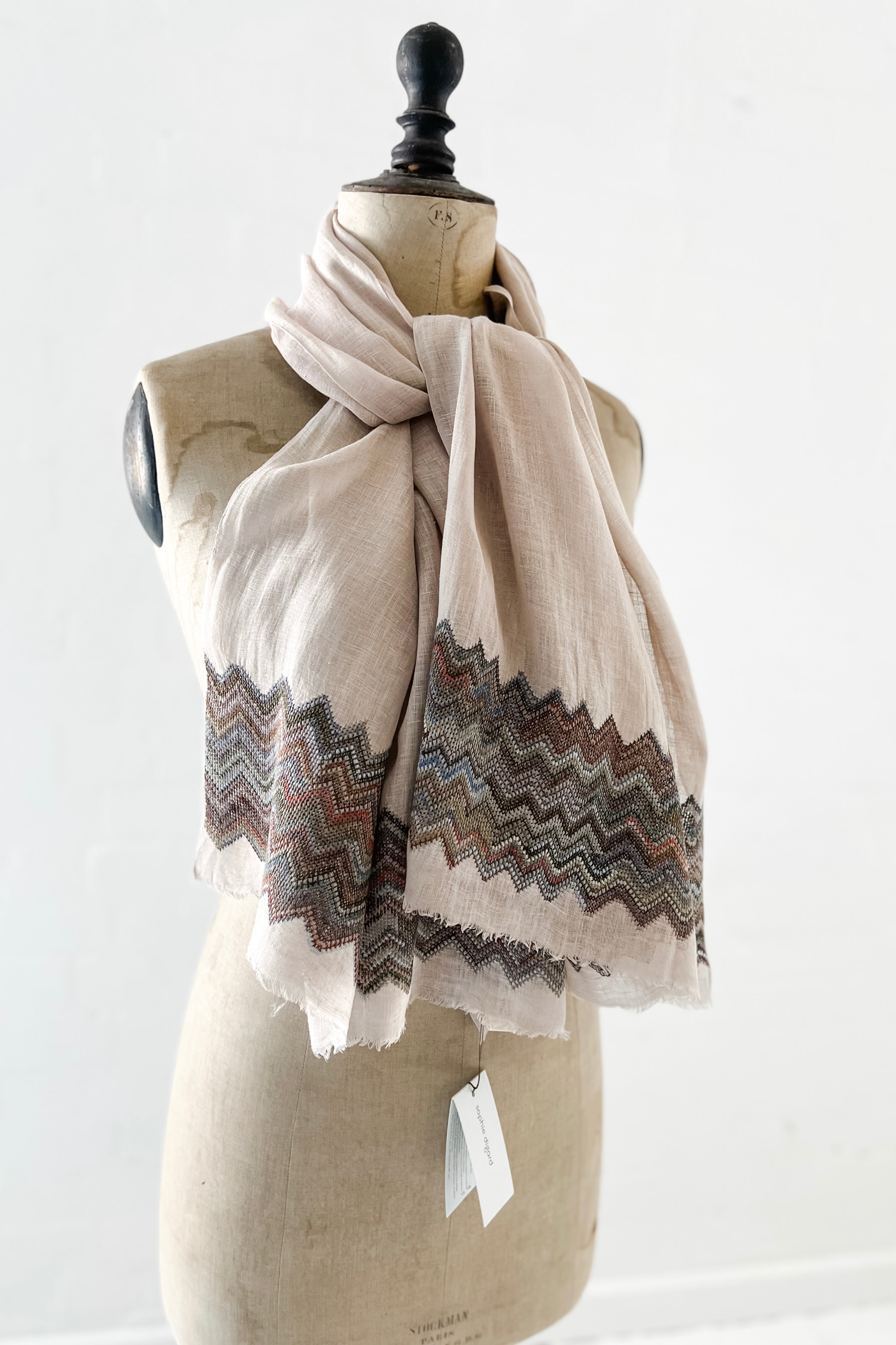 Sophie Digard | Embroidered Linen Stole | Zig Zag