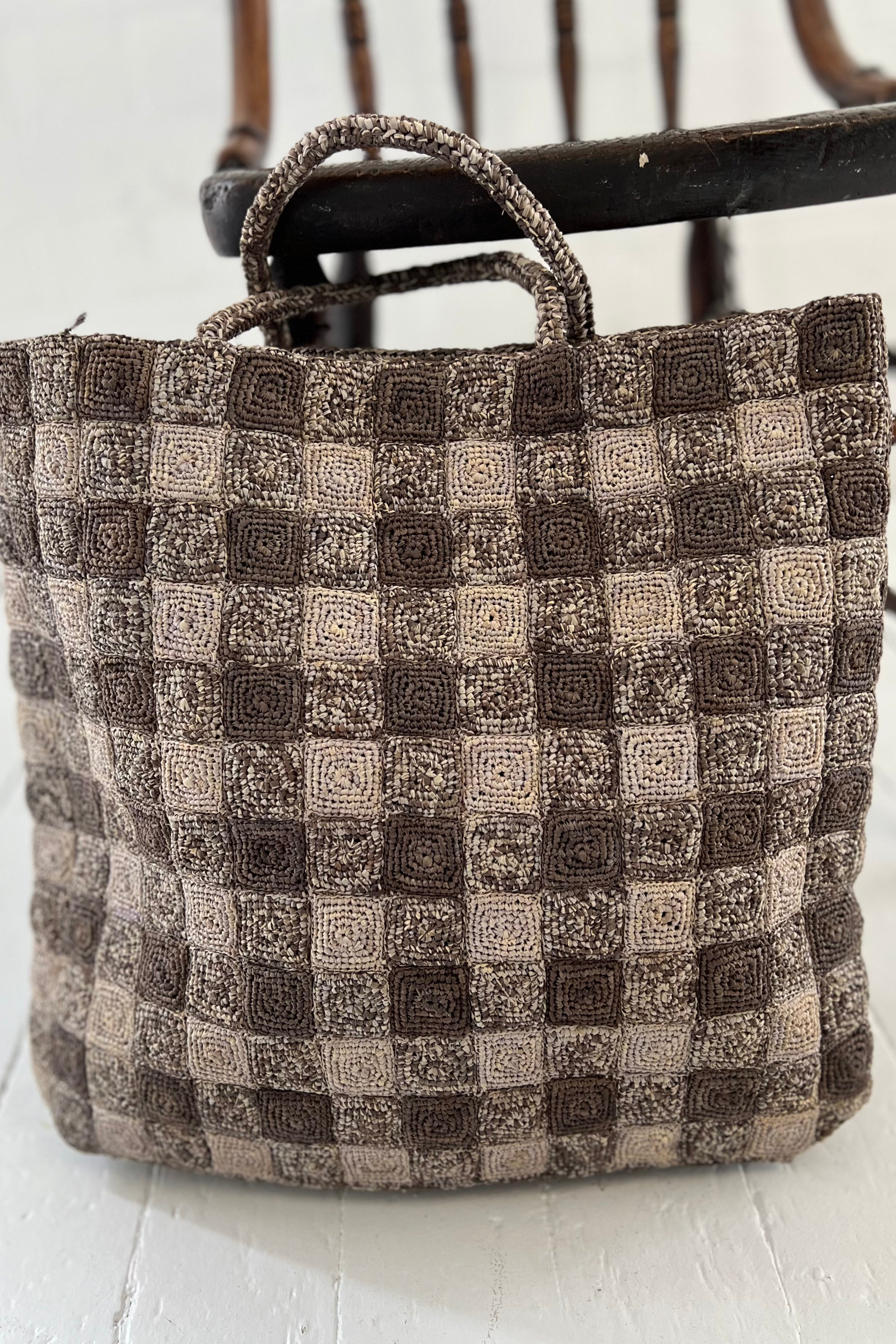 Sophie Digard | Raffia Checker Board Tote | Milk Chocolate