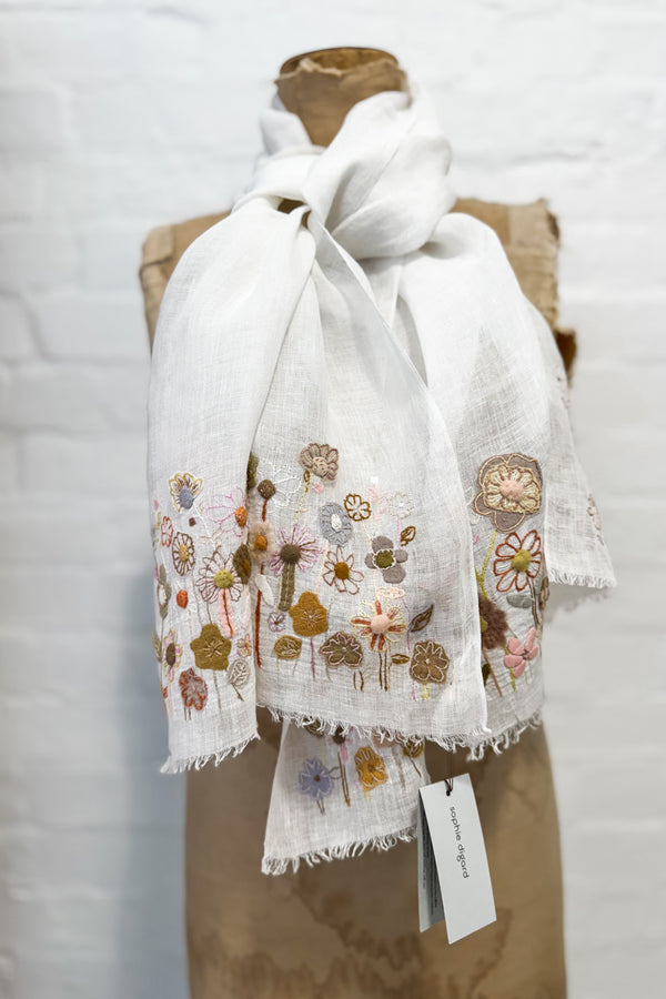 Sophie Digard | Delicate Floral Embroidered Linen Scarf | Lucinda