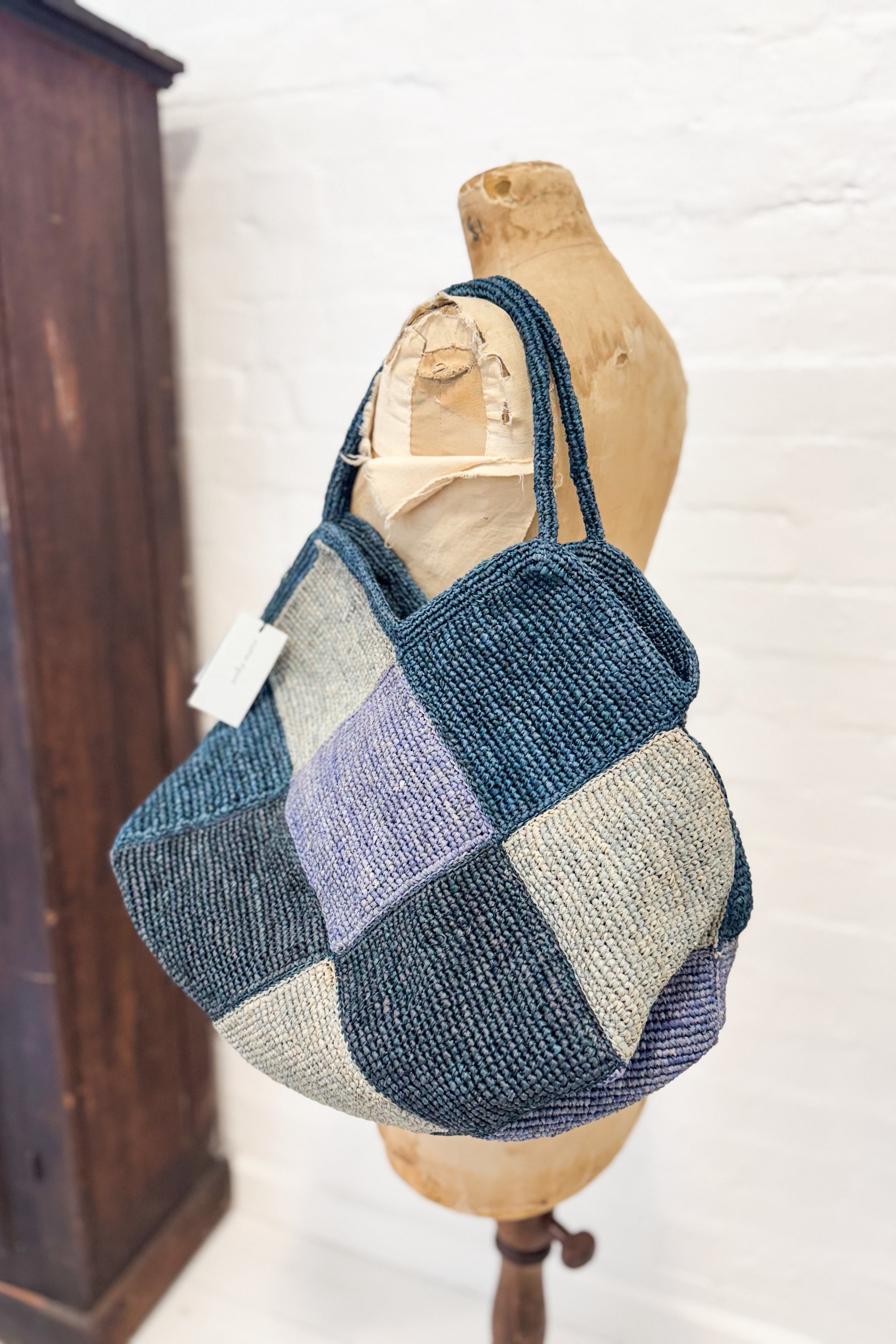 Sophie Digard | Patchwork Style Raffia Bag | Denim Hues