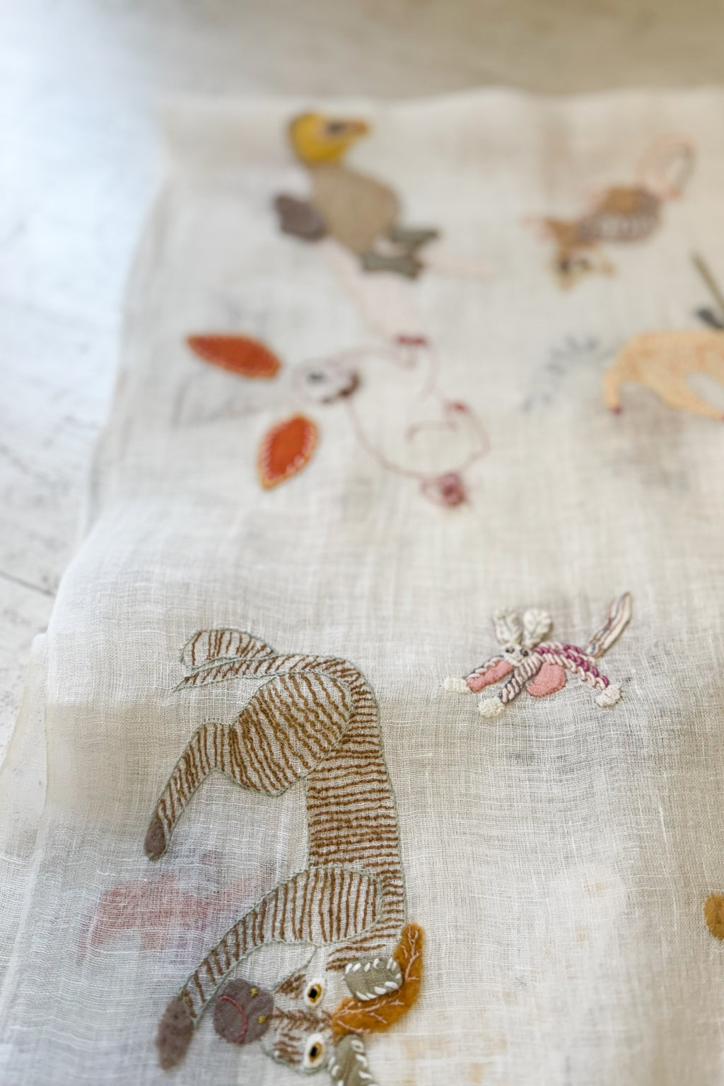 Sophie Digard | Embroidered Linen Stole | Creatures