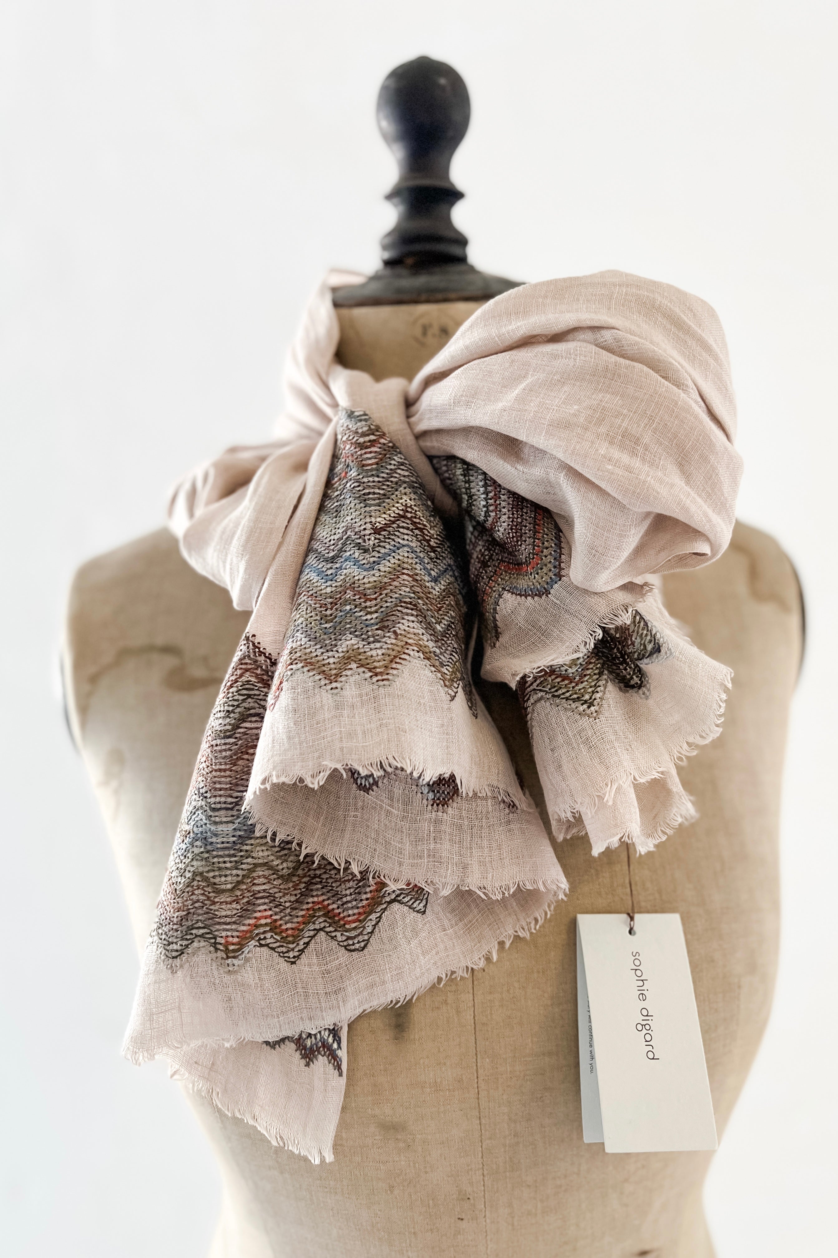 Sophie Digard | Embroidered Linen Stole | Zig Zag