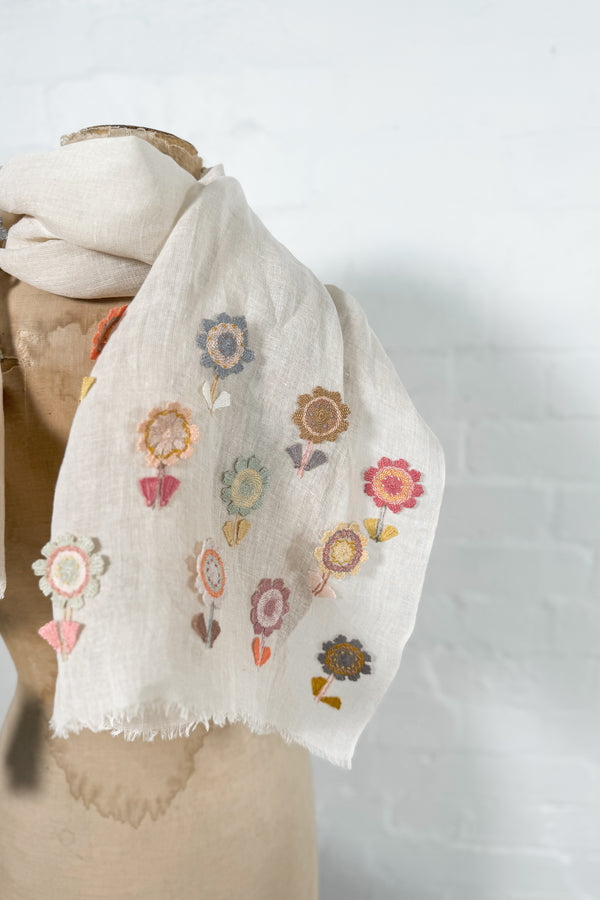 Sophie Digard | Delicate Floral Embroidered Linen Scarf | Alexis