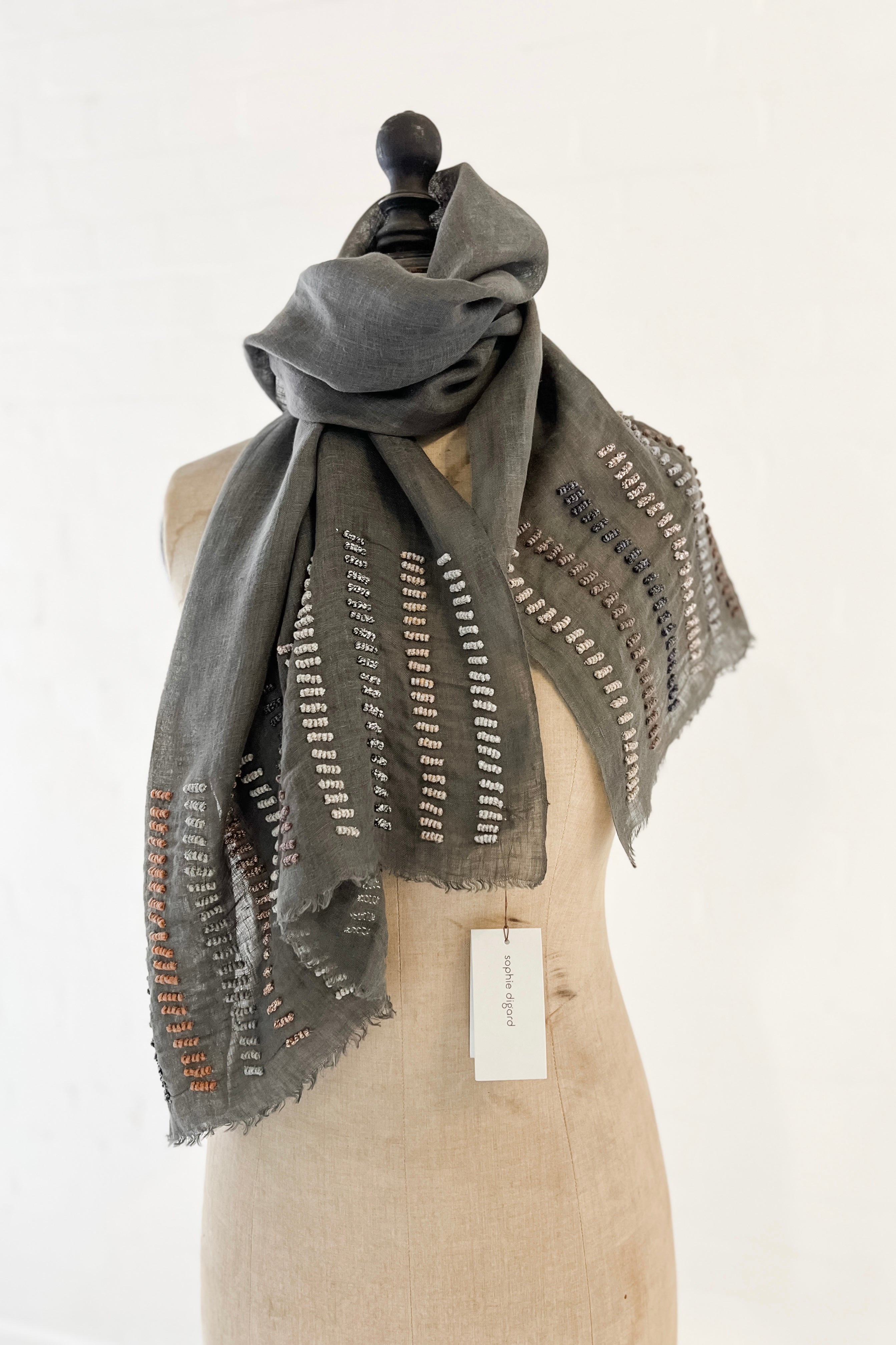 Sophie Digard | Embroidered Linen Stole | Knotted Lines