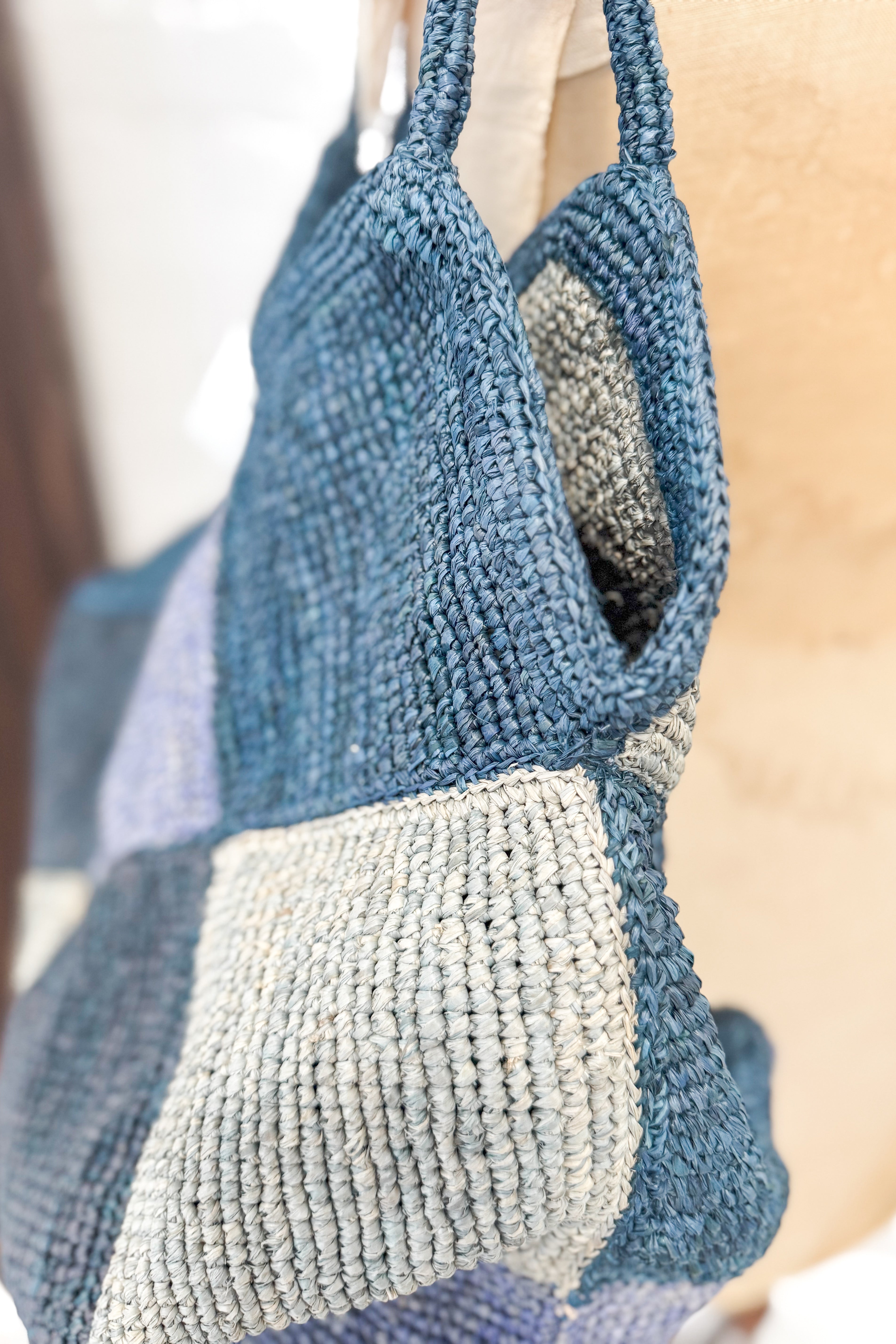 Sophie Digard | Patchwork Style Raffia Bag | Denim Hues