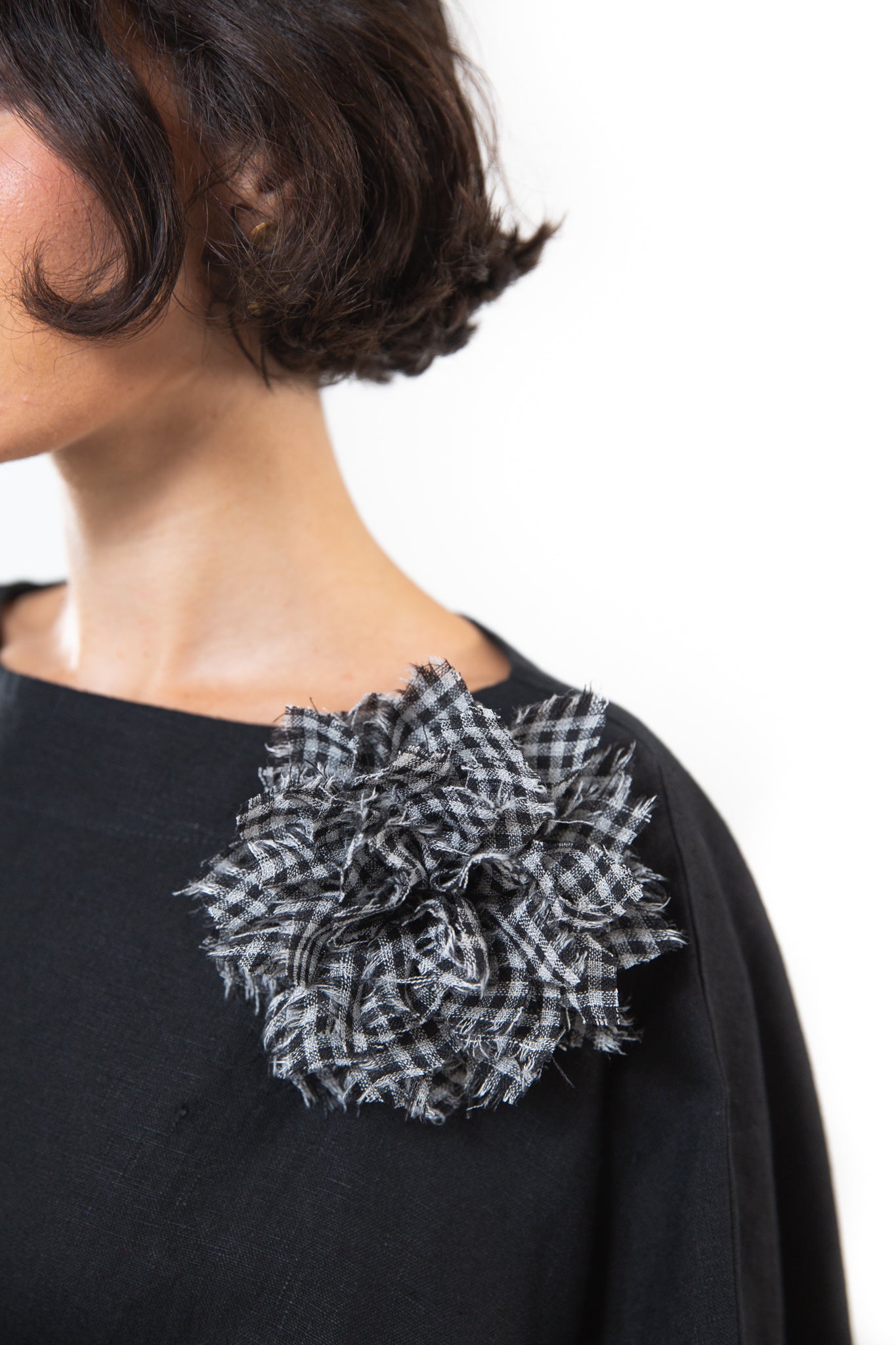 Fabric Flower Brooch | Black Check Gauze