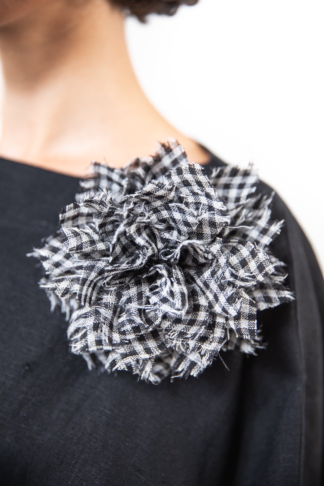 Fabric Flower Brooch | Black Check Gauze