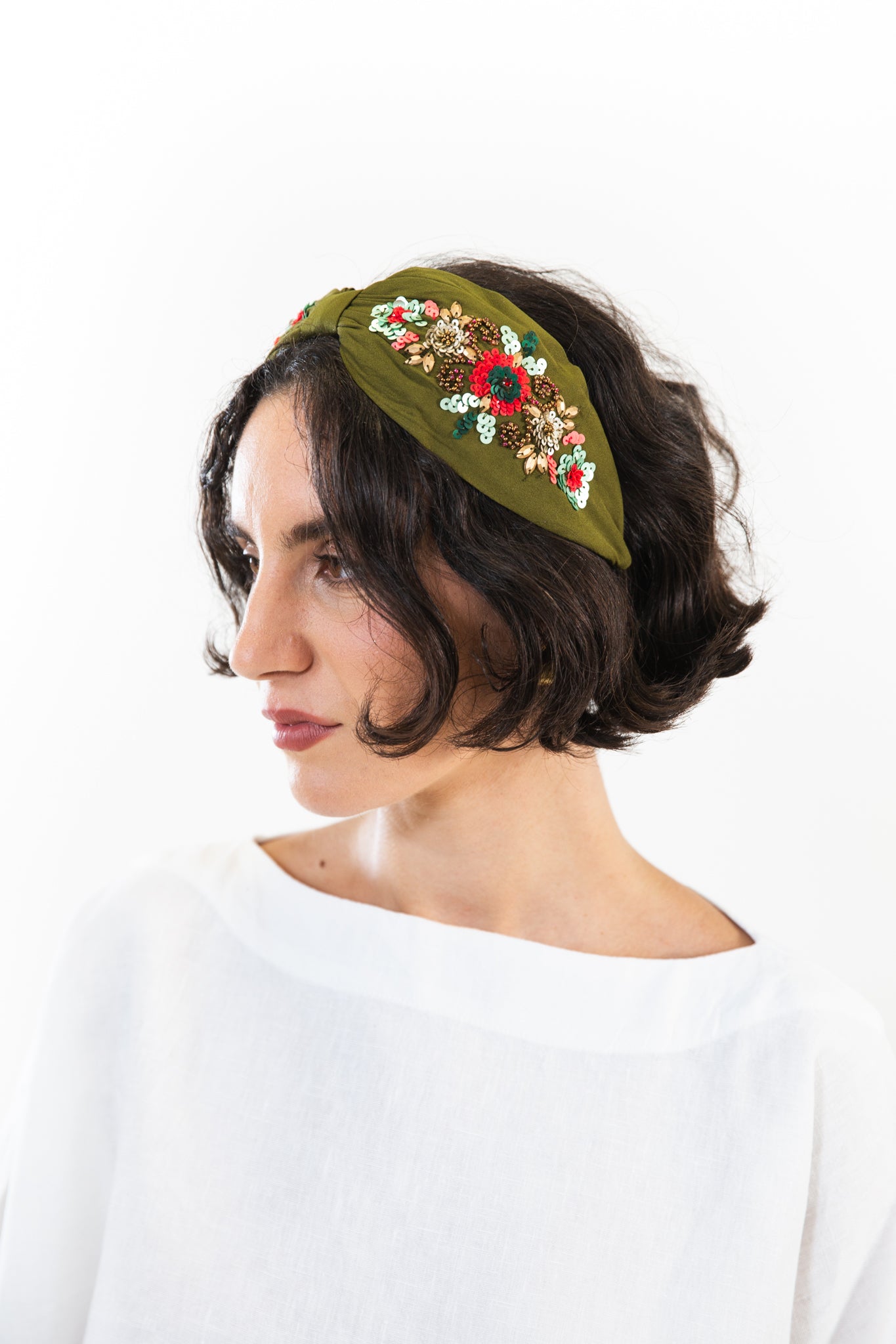 Hard Embroidered Headband | Olive