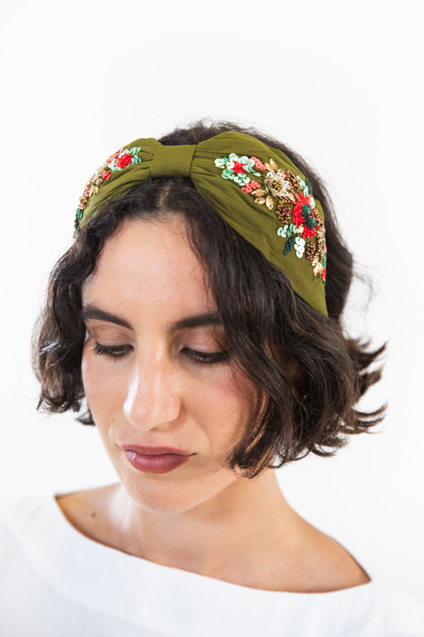 Hard Embroidered Headband | Olive