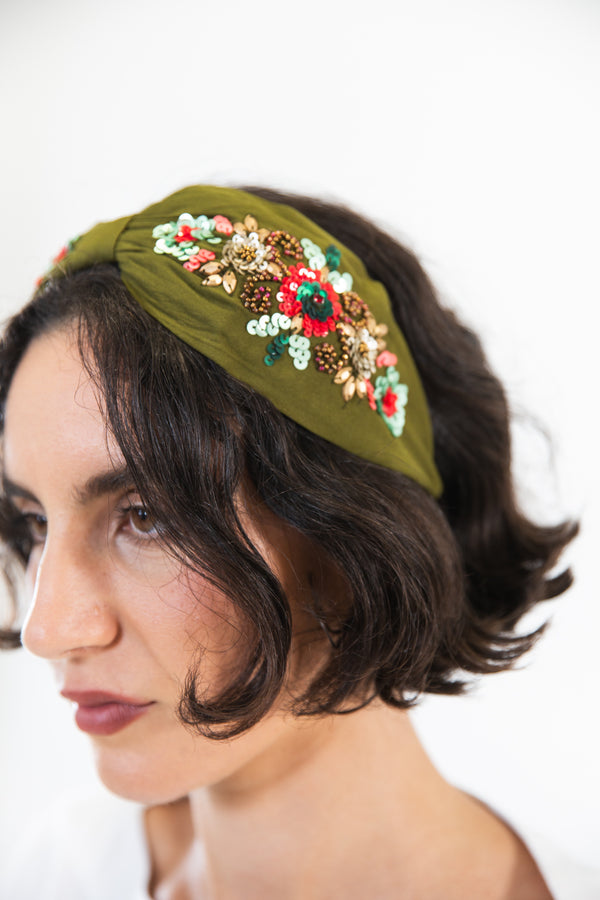 Hard Embroidered Headband | Olive